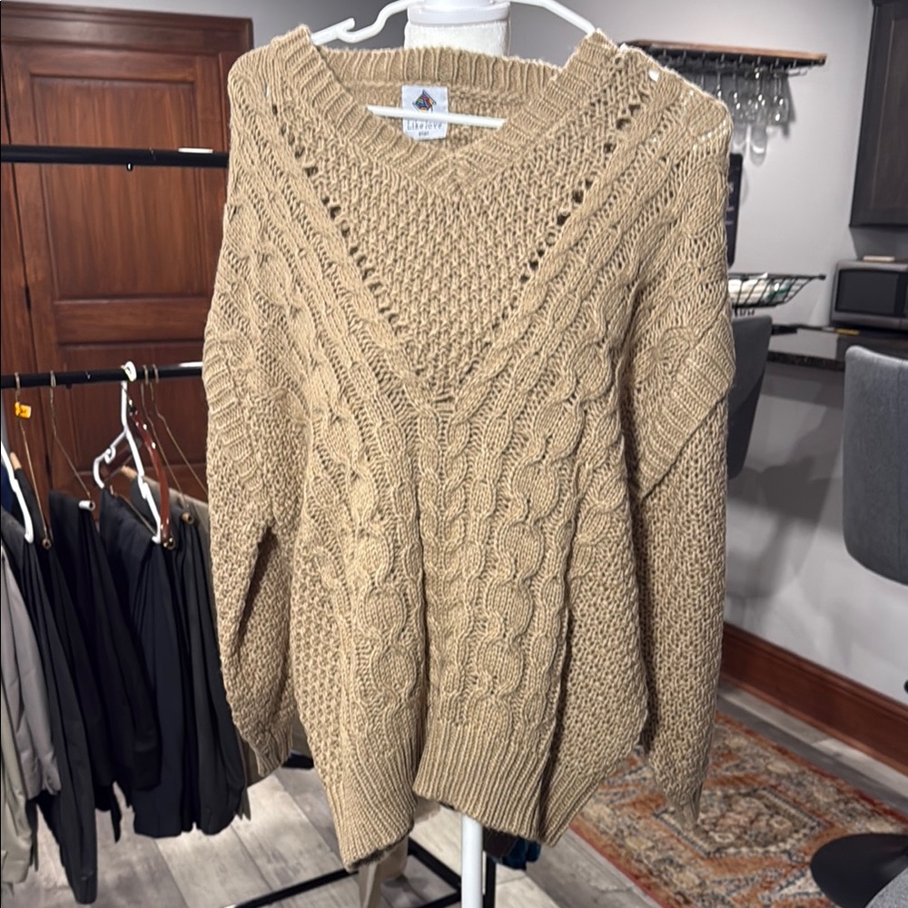 Tan V-Neck Sweater with Cable Knit Design